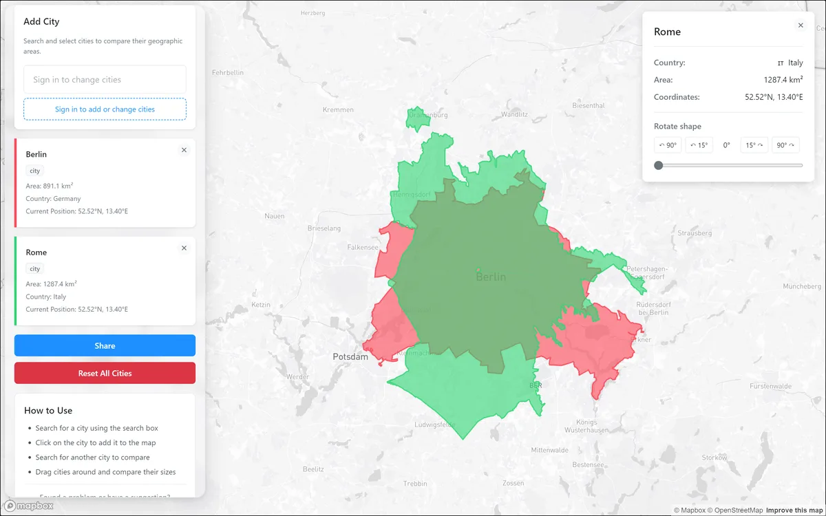 CompareCitySizes.com: Rome laid over Berlin at the same scale — 1,287 km² against 891 km², with the rotate control open.