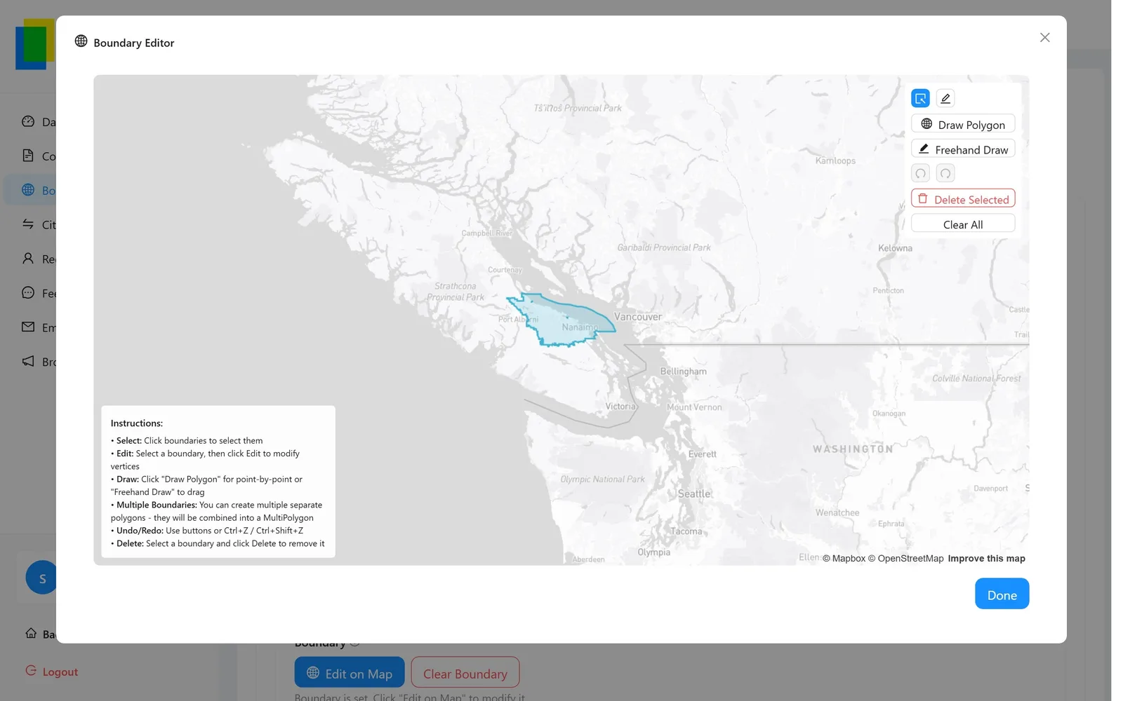 The Boundary Editor: a city outline on a Mapbox map with Draw Polygon, Freehand Draw, undo/redo and delete tools, and instructions for editing vertices and combining polygons.